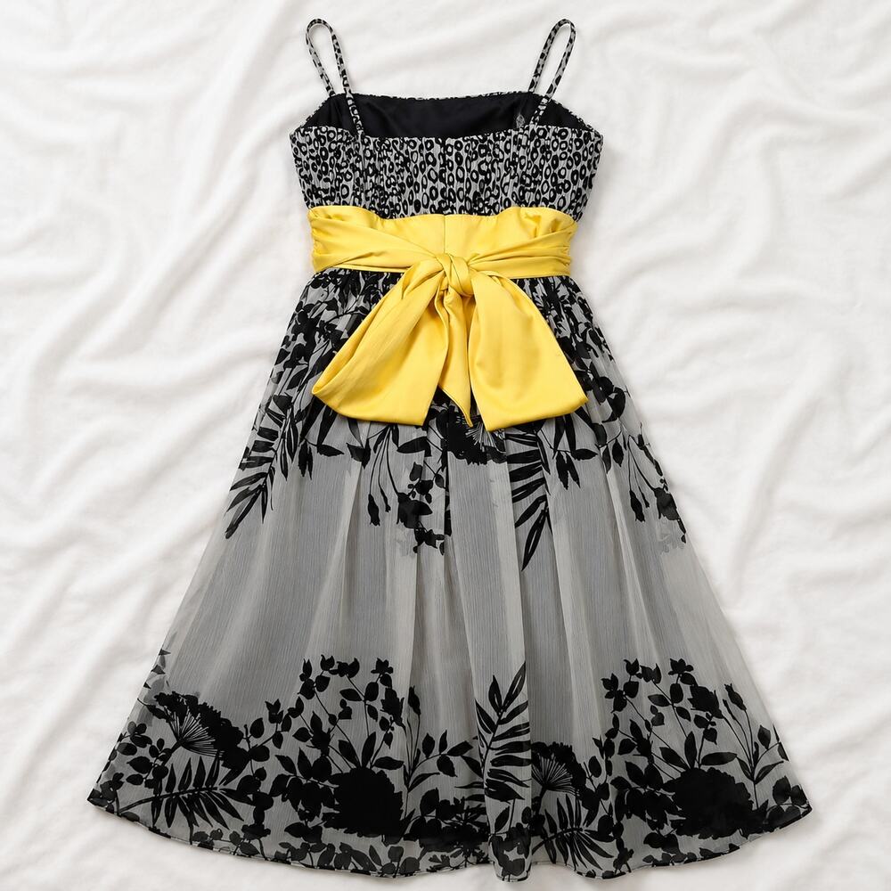 BCBG Paris Black Yellow Sash Floral Cocktail Dress Size 6